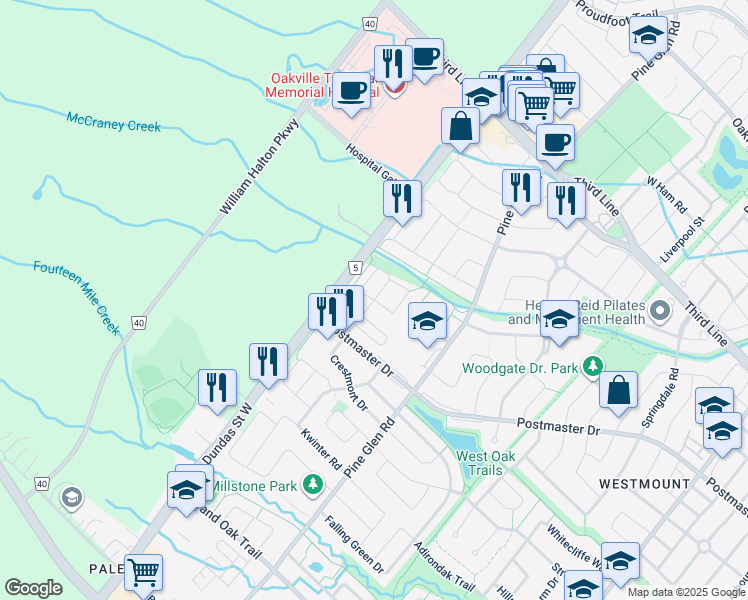 map of restaurants, bars, coffee shops, grocery stores, and more near Fiddlers Way in Oakville