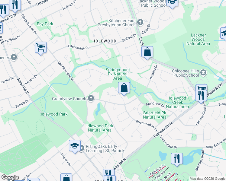 map of restaurants, bars, coffee shops, grocery stores, and more near 137 Briarmeadow Place in Kitchener