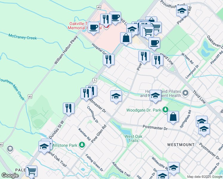 map of restaurants, bars, coffee shops, grocery stores, and more near 2105 Fiddlers Way in Oakville