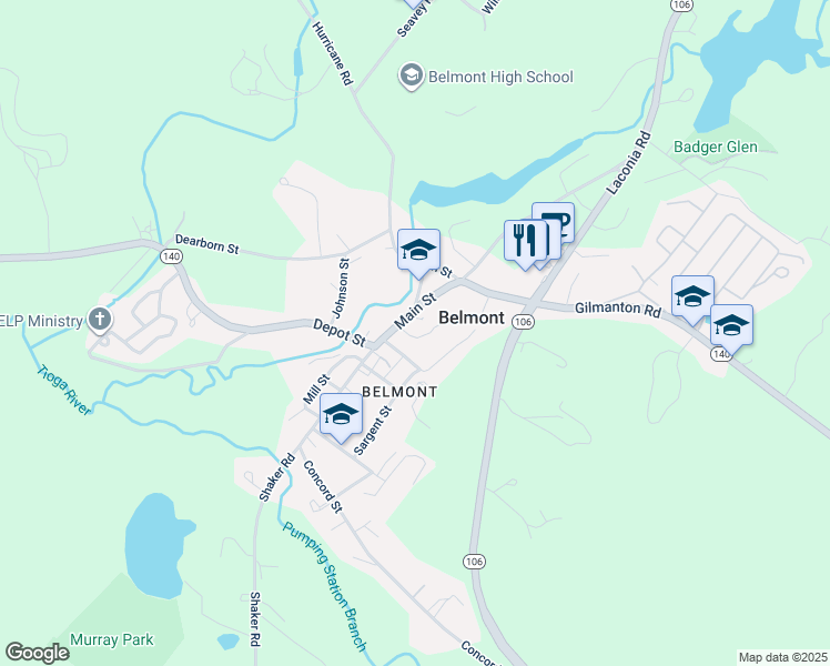 map of restaurants, bars, coffee shops, grocery stores, and more near 111 Main Street in Belmont