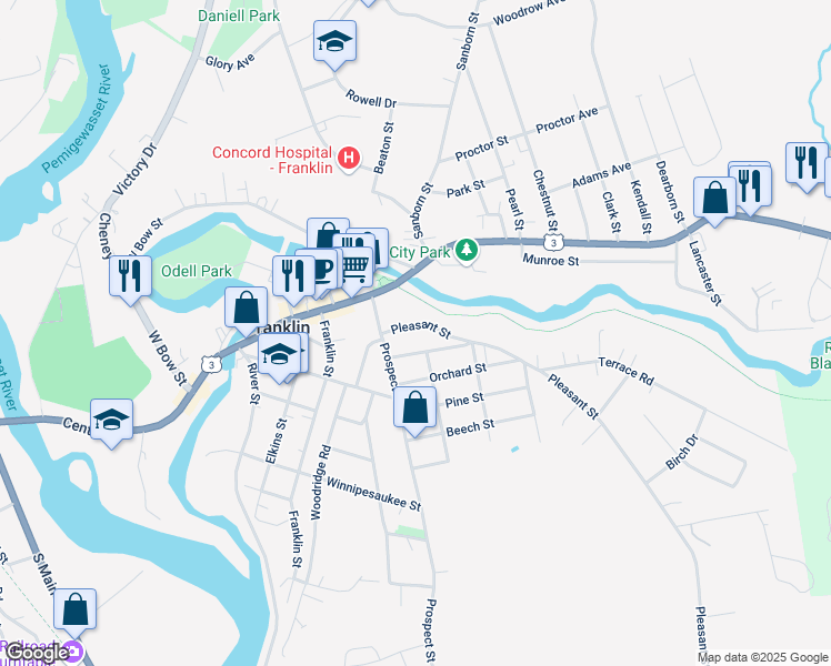 map of restaurants, bars, coffee shops, grocery stores, and more near 34 Pleasant Street in Franklin