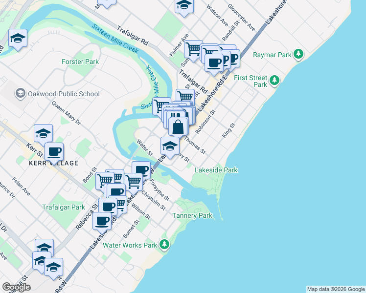 map of restaurants, bars, coffee shops, grocery stores, and more near 146 Lakeshore Road East in Oakville
