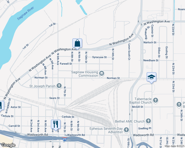 map of restaurants, bars, coffee shops, grocery stores, and more near 1710 Sanford Street in Saginaw