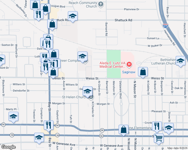 map of restaurants, bars, coffee shops, grocery stores, and more near 9 Essex Avenue in Saginaw