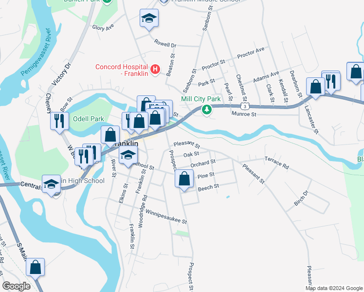 map of restaurants, bars, coffee shops, grocery stores, and more near 23 Pleasant Street in Franklin