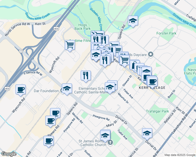 map of restaurants, bars, coffee shops, grocery stores, and more near 4-209 Speers Road in Oakville