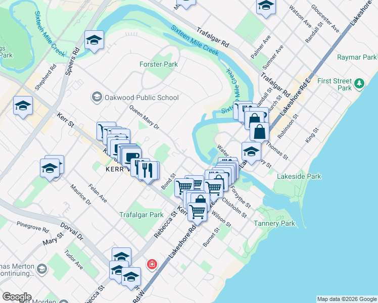 map of restaurants, bars, coffee shops, grocery stores, and more near 187 Queen Mary Drive in Oakville
