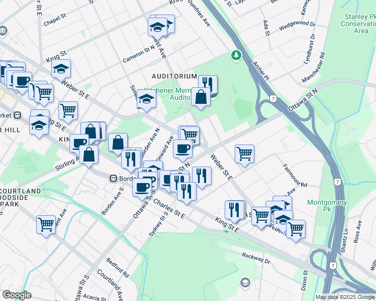map of restaurants, bars, coffee shops, grocery stores, and more near 371 Weber Street East in Kitchener