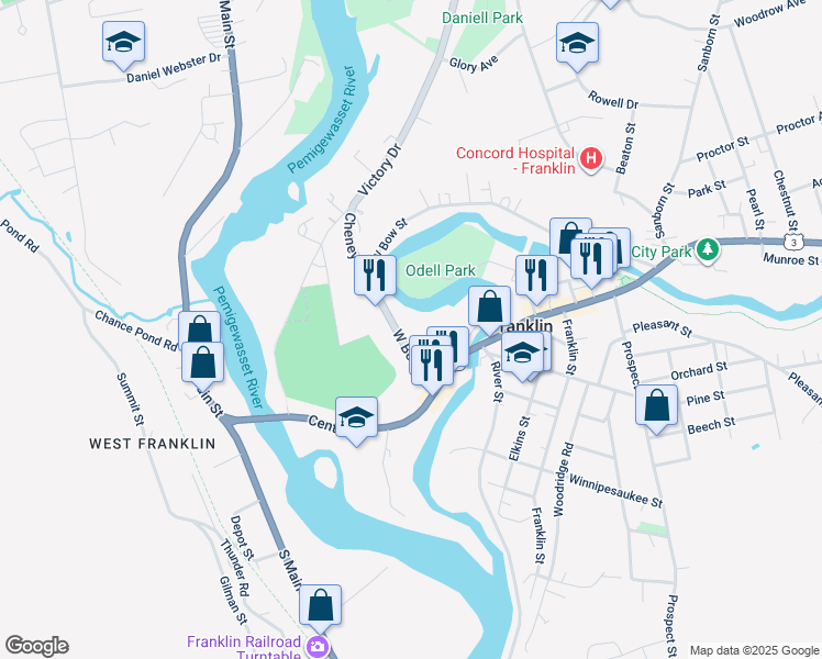 map of restaurants, bars, coffee shops, grocery stores, and more near 43 West Bow Street in Franklin