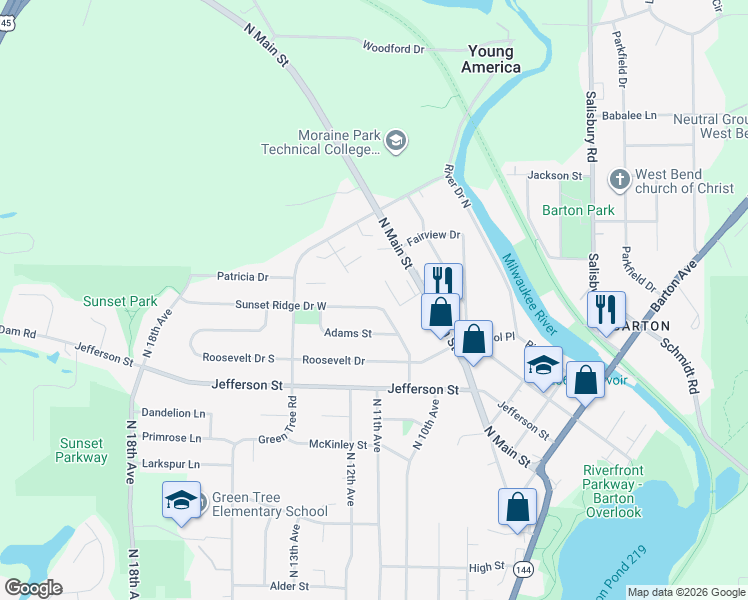 map of restaurants, bars, coffee shops, grocery stores, and more near 1900 Camden Lane in West Bend