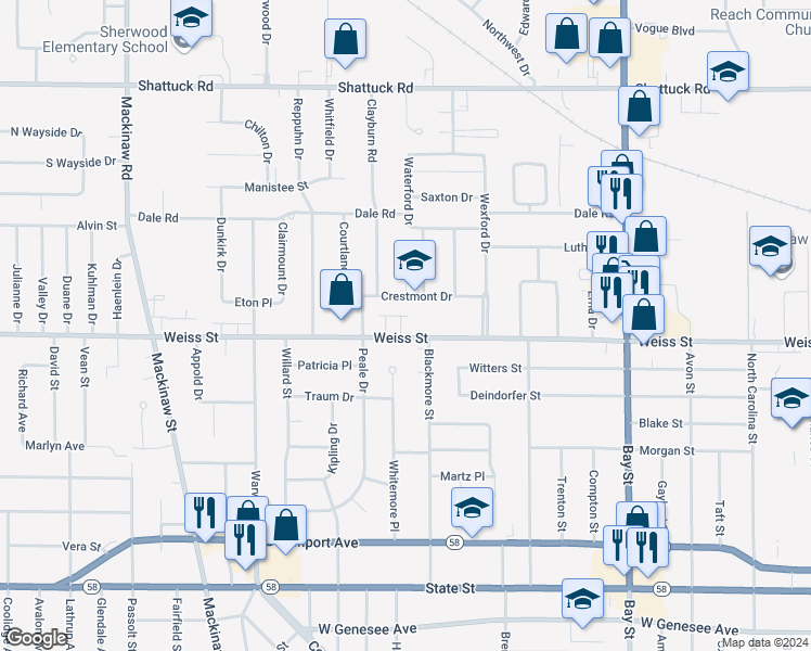 map of restaurants, bars, coffee shops, grocery stores, and more near 3122 Weiss Street in Saginaw