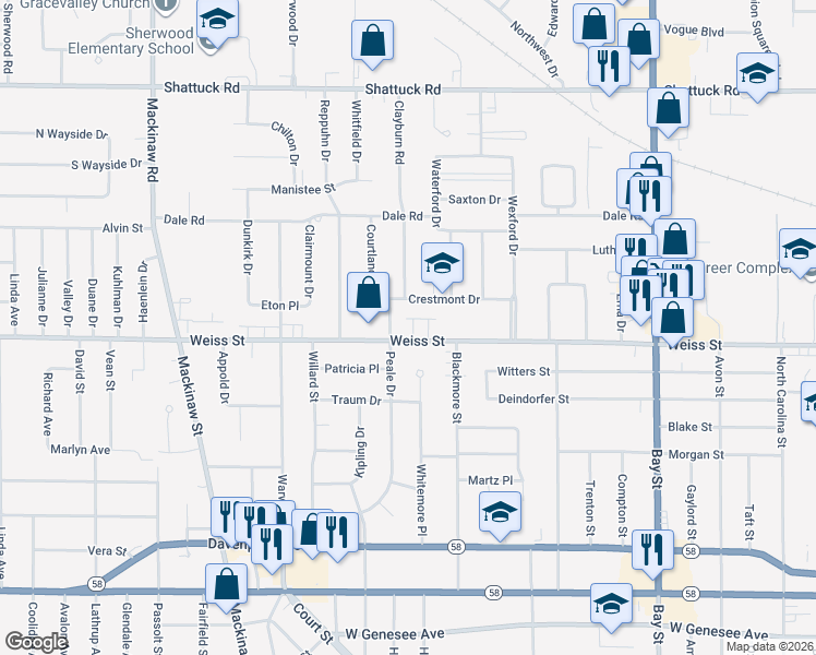 map of restaurants, bars, coffee shops, grocery stores, and more near 3142 Weiss Street in Saginaw