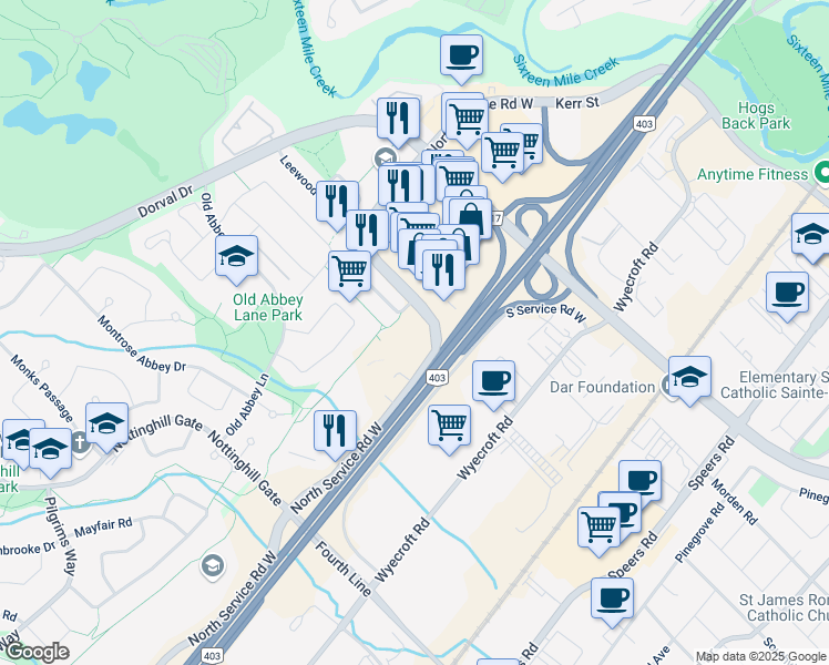 map of restaurants, bars, coffee shops, grocery stores, and more near 1040 Lindsay Drive in Oakville