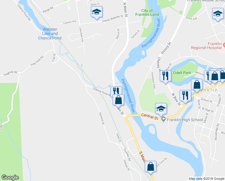 map of restaurants, bars, coffee shops, grocery stores, and more near 150 North Main Street in Franklin