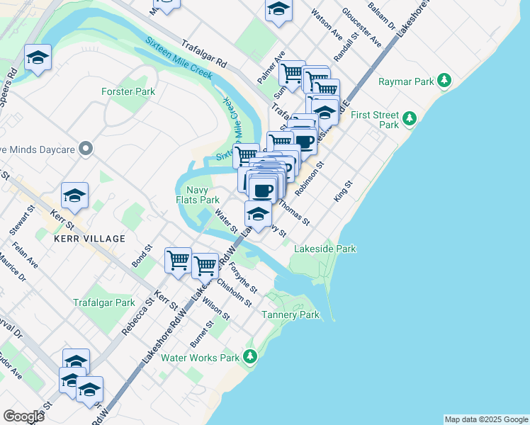 map of restaurants, bars, coffee shops, grocery stores, and more near 134 Lakeshore Road East in Oakville