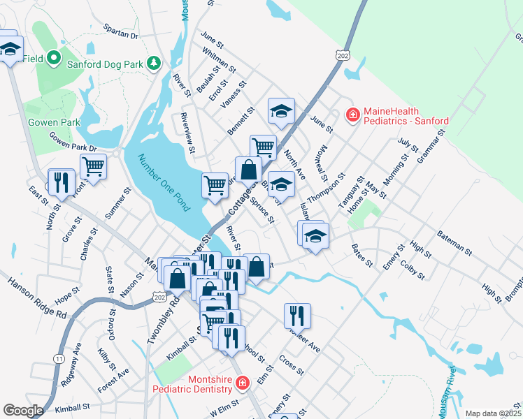 map of restaurants, bars, coffee shops, grocery stores, and more near 42 Spruce Street in Sanford
