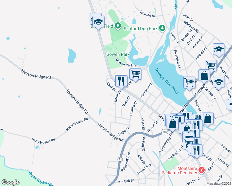 map of restaurants, bars, coffee shops, grocery stores, and more near 1 East Street in Sanford