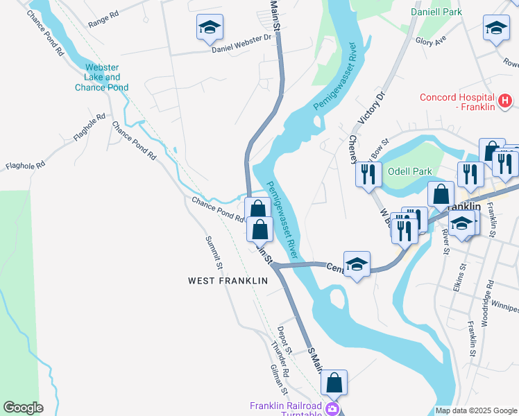 map of restaurants, bars, coffee shops, grocery stores, and more near 155 North Main Street in Franklin