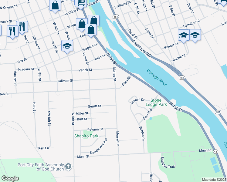 map of restaurants, bars, coffee shops, grocery stores, and more near 40 Murray Street in Oswego
