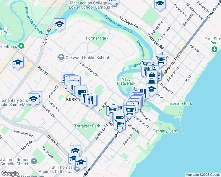 map of restaurants, bars, coffee shops, grocery stores, and more near 189 Queen Mary Drive in Oakville