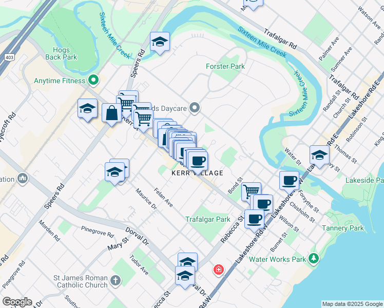 map of restaurants, bars, coffee shops, grocery stores, and more near 35 Normandy Place in Oakville
