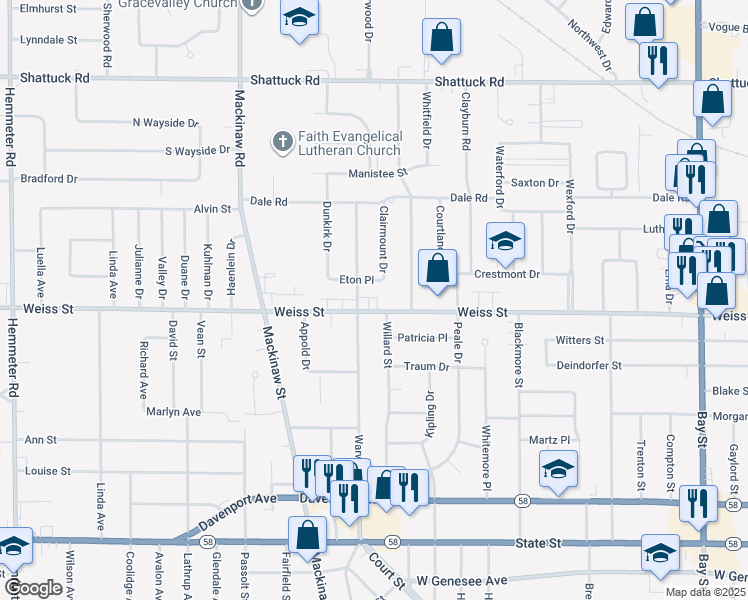 map of restaurants, bars, coffee shops, grocery stores, and more near 3715 Eton Place in Saginaw