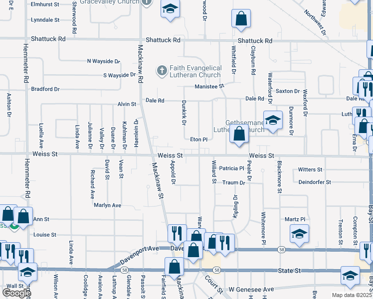 map of restaurants, bars, coffee shops, grocery stores, and more near 3797 Eton Place in Saginaw