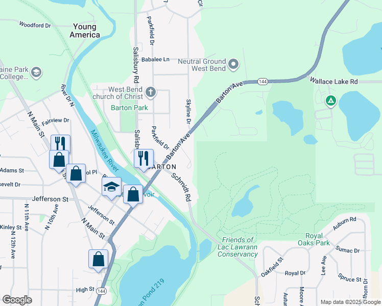 map of restaurants, bars, coffee shops, grocery stores, and more near 2053 Barton Avenue in West Bend