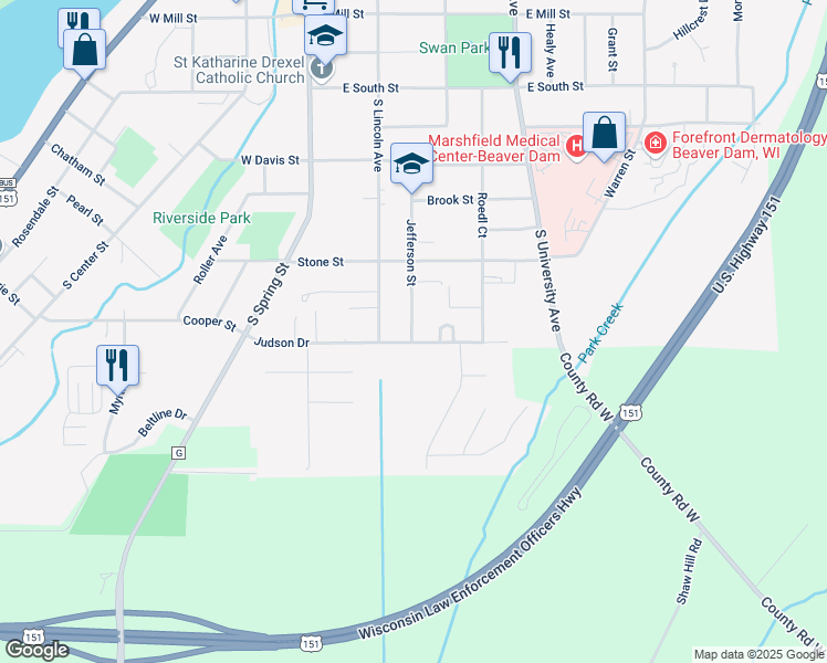 map of restaurants, bars, coffee shops, grocery stores, and more near 400 Jefferson Street in Beaver Dam