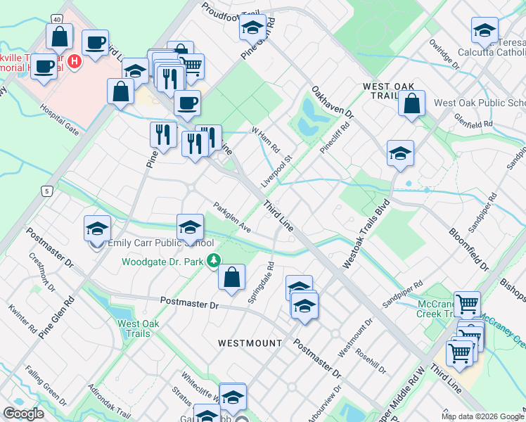 map of restaurants, bars, coffee shops, grocery stores, and more near 2009 Erika Court in Oakville