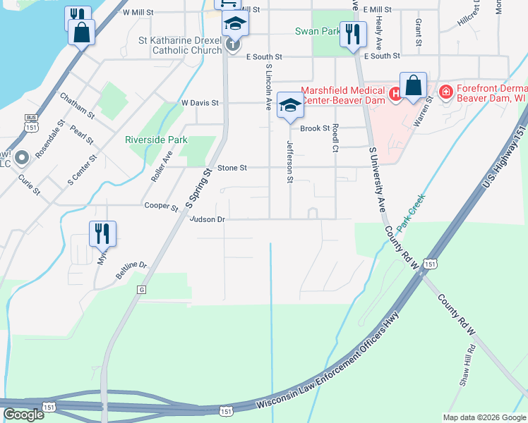 map of restaurants, bars, coffee shops, grocery stores, and more near 150 Judson Drive in Beaver Dam