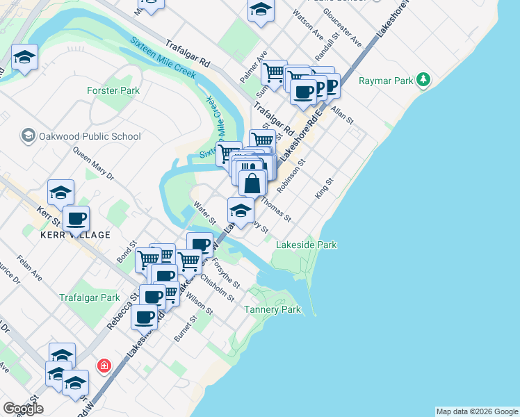 map of restaurants, bars, coffee shops, grocery stores, and more near 151 Robinson Street in Oakville