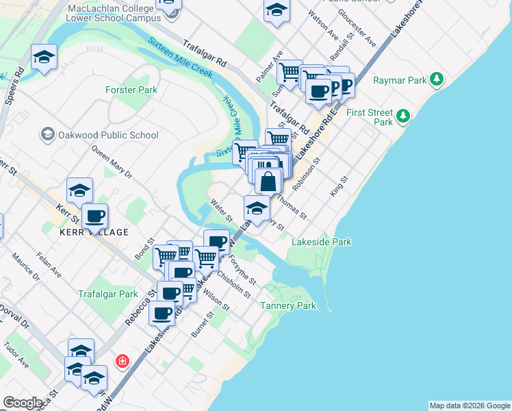 map of restaurants, bars, coffee shops, grocery stores, and more near 100 Lakeshore Road East in Oakville
