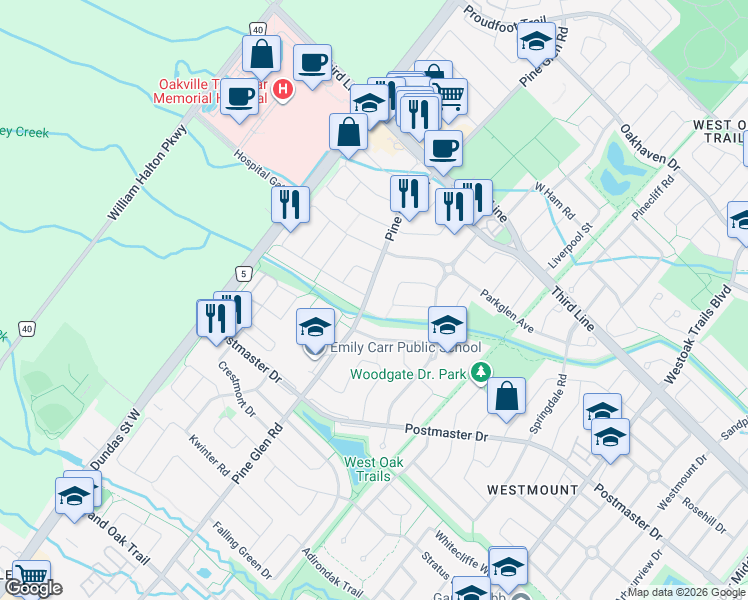 map of restaurants, bars, coffee shops, grocery stores, and more near 2152 Pine Glen Road in Oakville