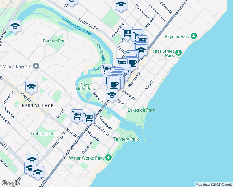 map of restaurants, bars, coffee shops, grocery stores, and more near in Oakville