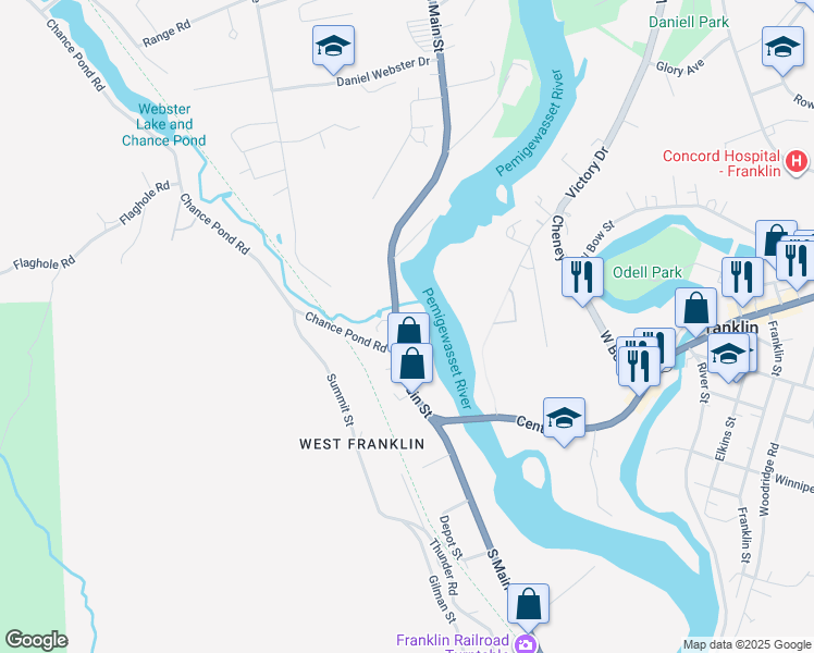 map of restaurants, bars, coffee shops, grocery stores, and more near 155 North Main Street in Franklin