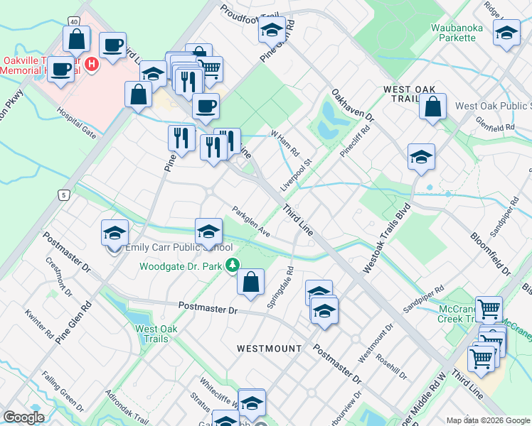 map of restaurants, bars, coffee shops, grocery stores, and more near 2271 Highcroft Road in Oakville