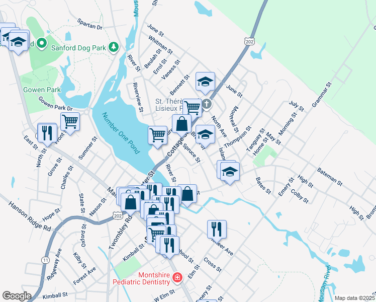 map of restaurants, bars, coffee shops, grocery stores, and more near 42 Spruce Street in Sanford