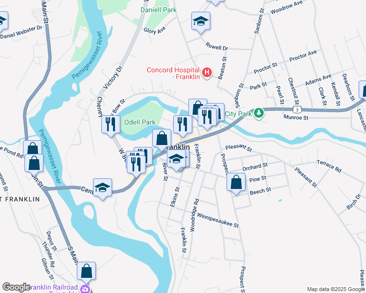 map of restaurants, bars, coffee shops, grocery stores, and more near 359 Central Street in Franklin