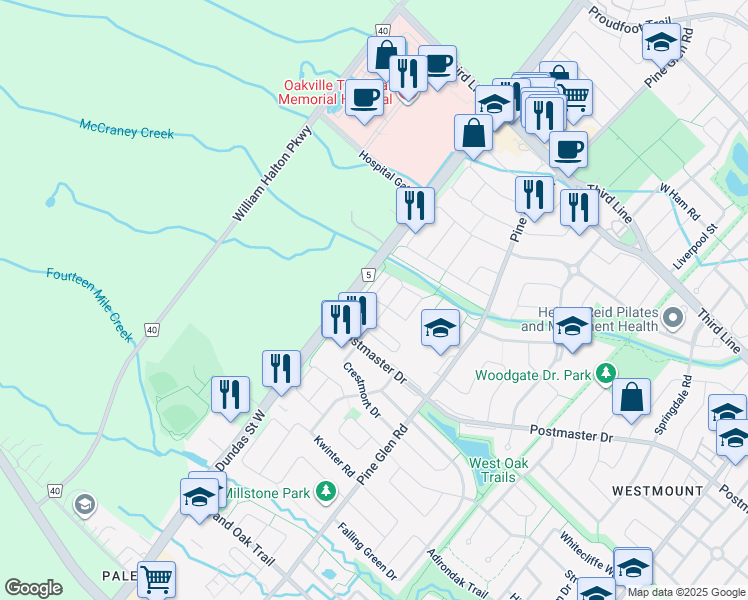 map of restaurants, bars, coffee shops, grocery stores, and more near in Oakville
