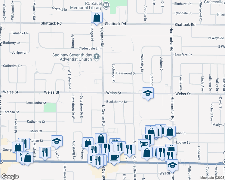 map of restaurants, bars, coffee shops, grocery stores, and more near 4936 Weiss Street in Saginaw