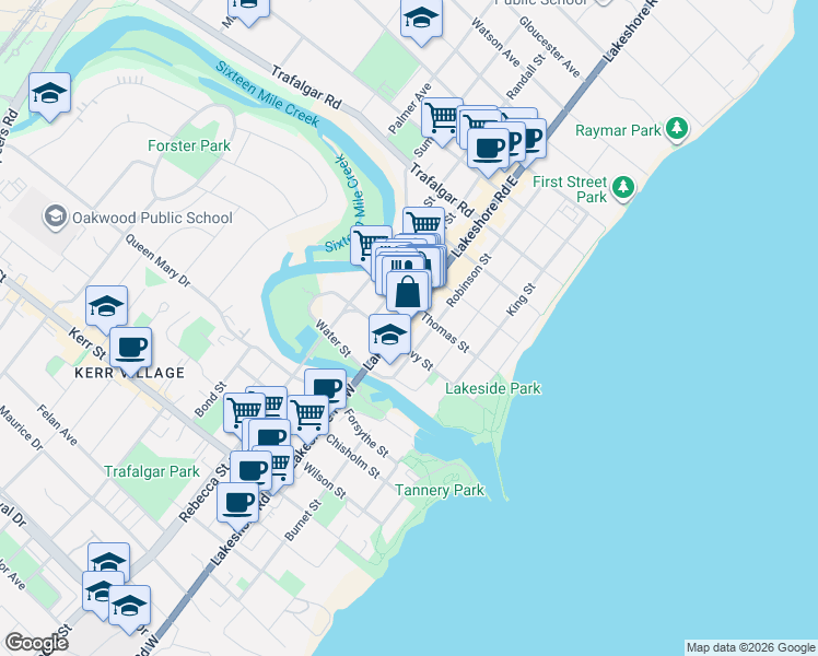 map of restaurants, bars, coffee shops, grocery stores, and more near 146 Lakeshore Road East in Oakville