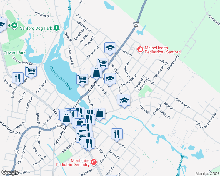 map of restaurants, bars, coffee shops, grocery stores, and more near 69 Brook Street in Sanford