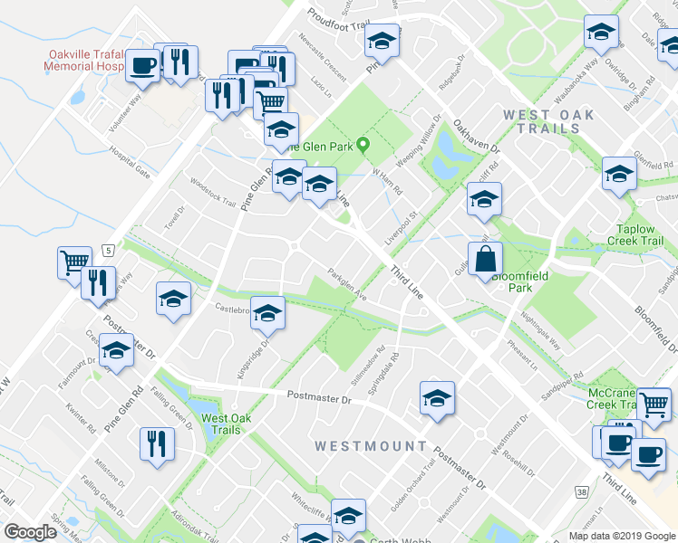 map of restaurants, bars, coffee shops, grocery stores, and more near 2363 Parkglen Avenue in Oakville