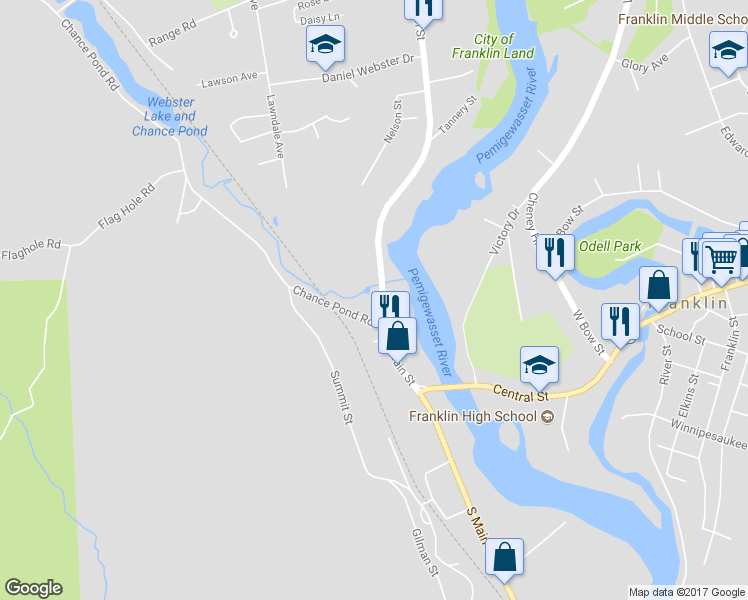 map of restaurants, bars, coffee shops, grocery stores, and more near 156 North Main Street in Franklin