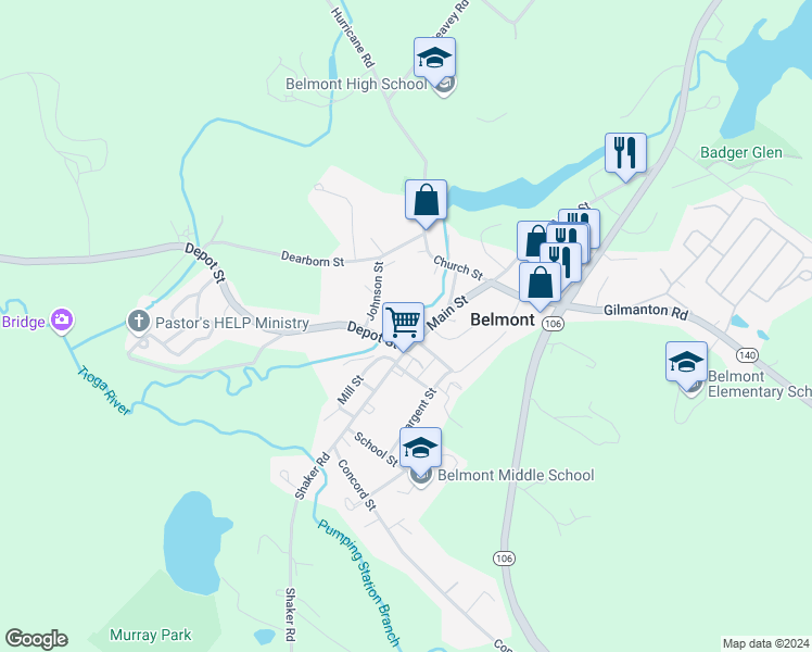 map of restaurants, bars, coffee shops, grocery stores, and more near 128 Main Street in Belmont
