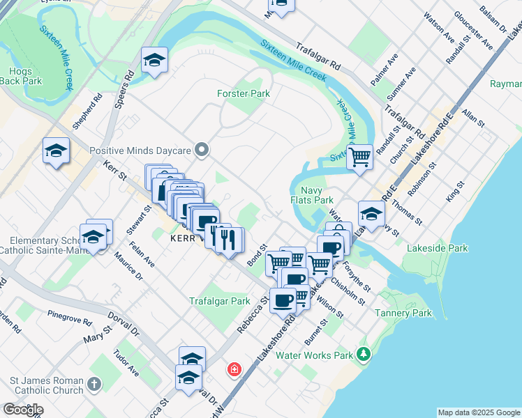 map of restaurants, bars, coffee shops, grocery stores, and more near 218 Queen Mary Drive in Oakville