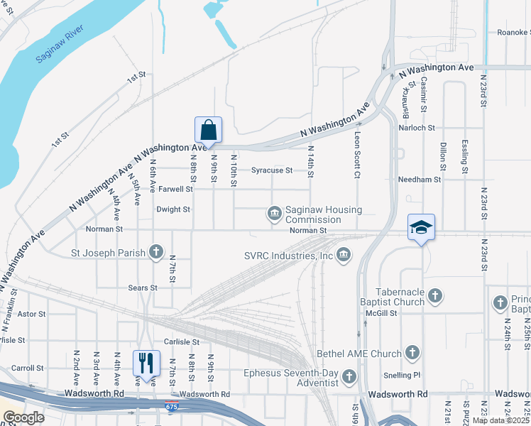 map of restaurants, bars, coffee shops, grocery stores, and more near 1718 Sanford Street in Saginaw
