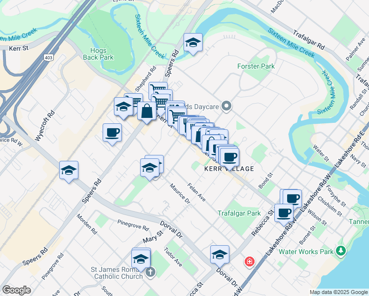 map of restaurants, bars, coffee shops, grocery stores, and more near 115 Stewart Street in Oakville