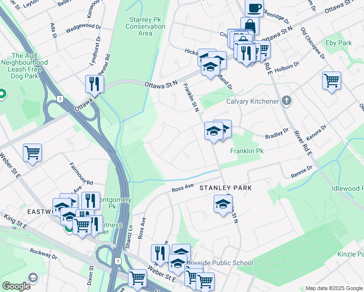 map of restaurants, bars, coffee shops, grocery stores, and more near 30 Rosewood Drive in Kitchener